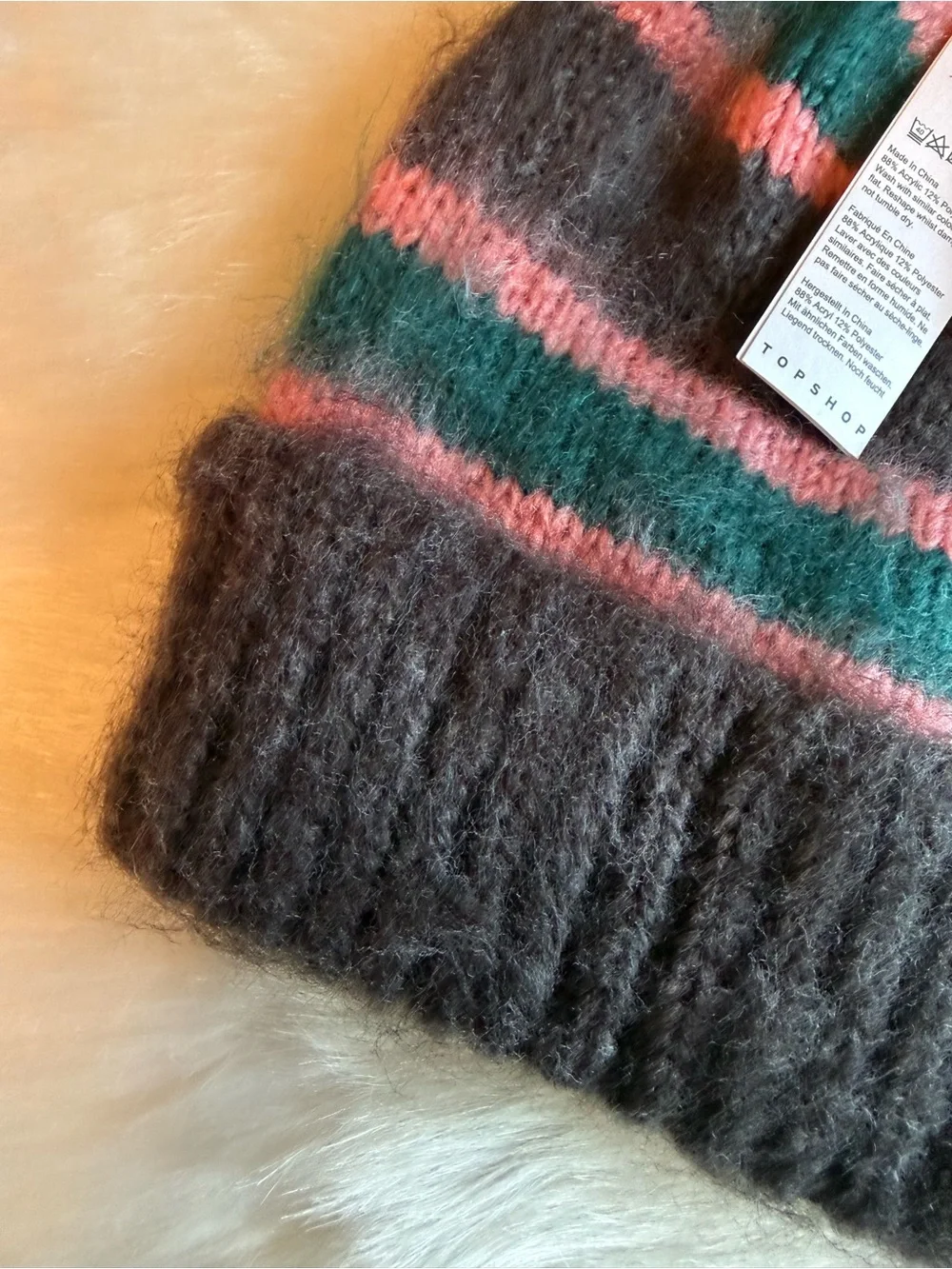 Topshop Charcoal, Pink & Teal Striped Knit Beanie Hat